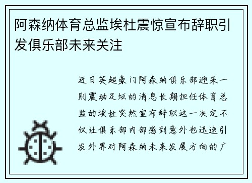 阿森纳体育总监埃杜震惊宣布辞职引发俱乐部未来关注